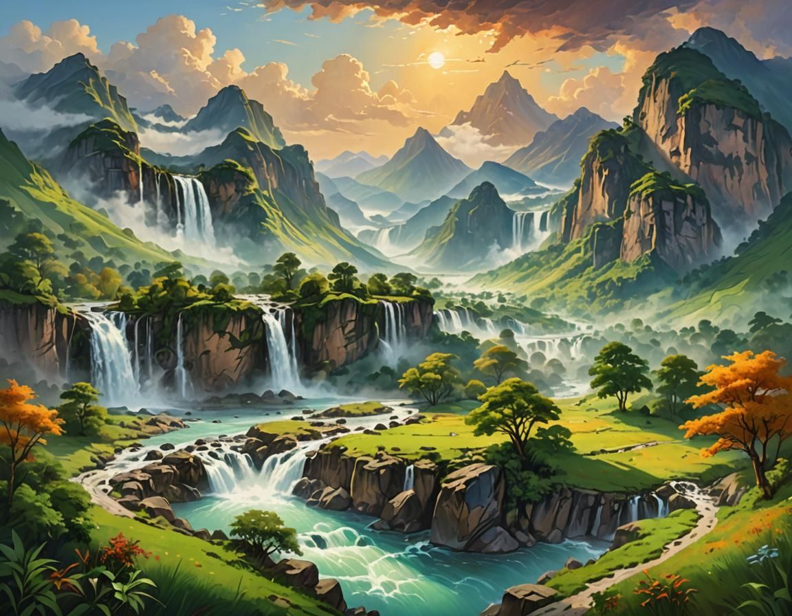 Majestic Landscape Painting of Mountains, Rivers, and Waterf...