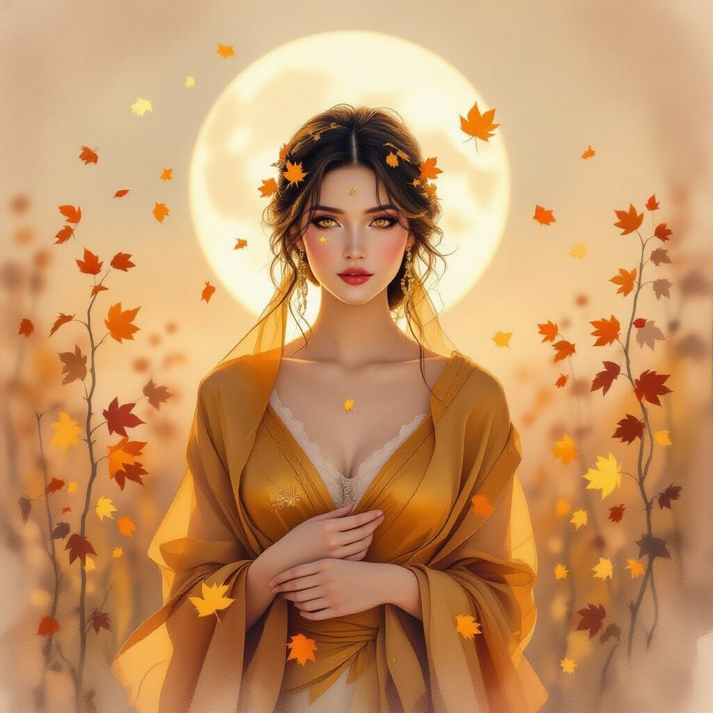 Melancholic Moonlit Portrait of Celestial Woman in Amber Sil...