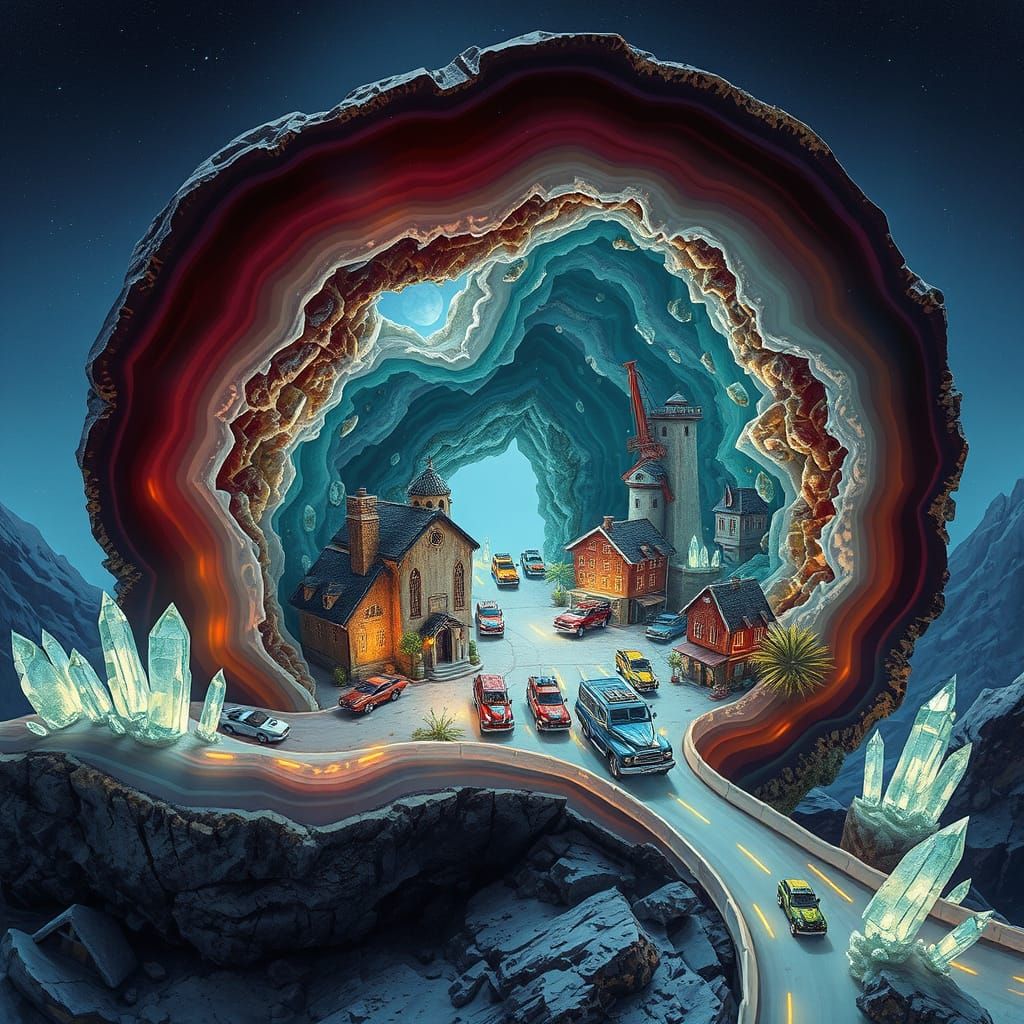 Miniature City Inside Geode: 1950s Sci-Fi Style