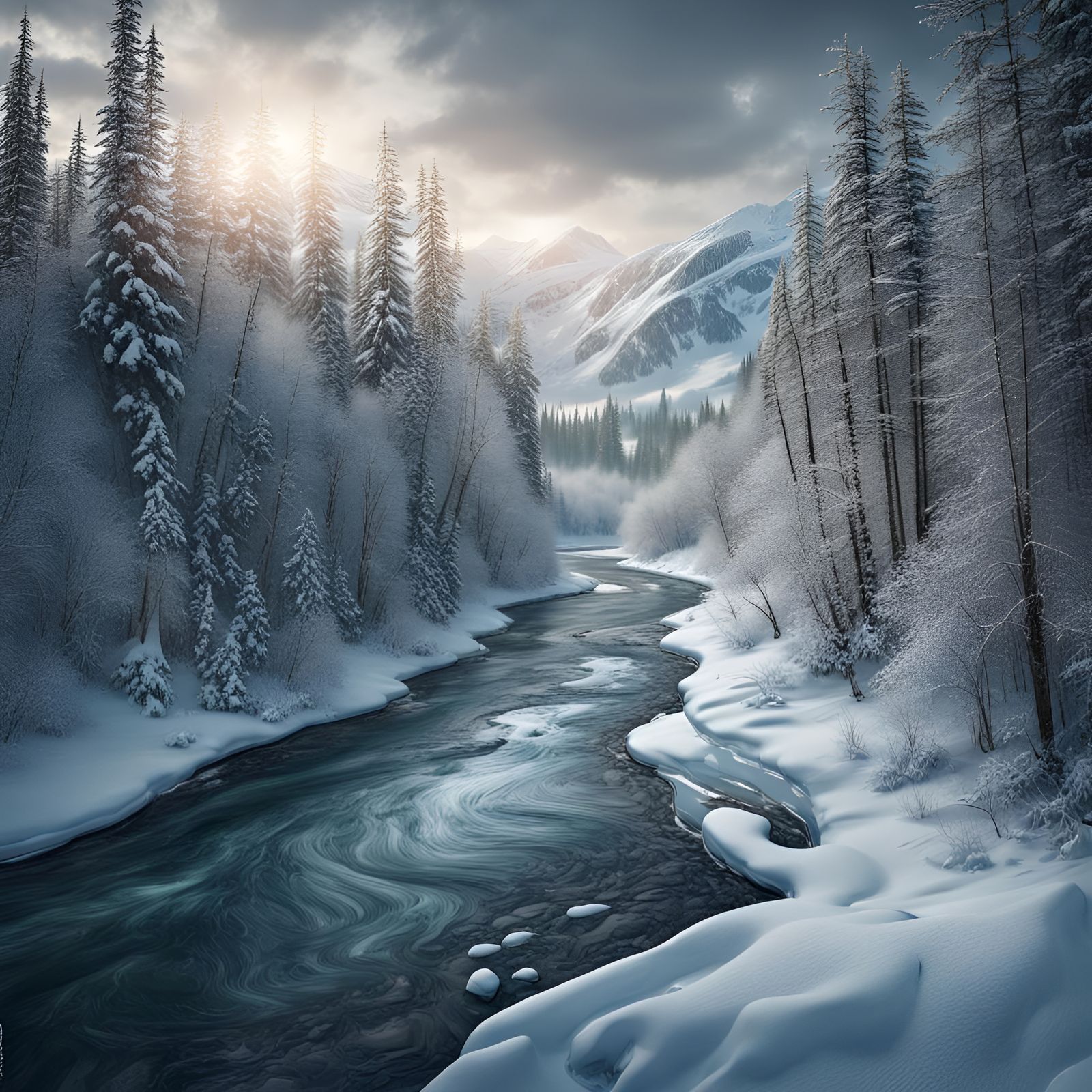 Winter River Flows Through Alaskan Forest