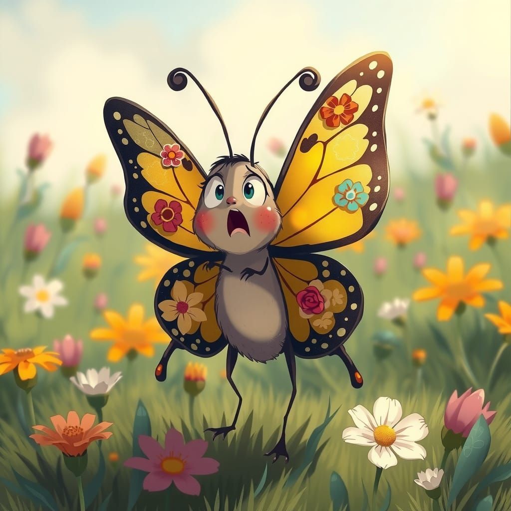 Confused Butterfly in Whimsical Cartoon Style