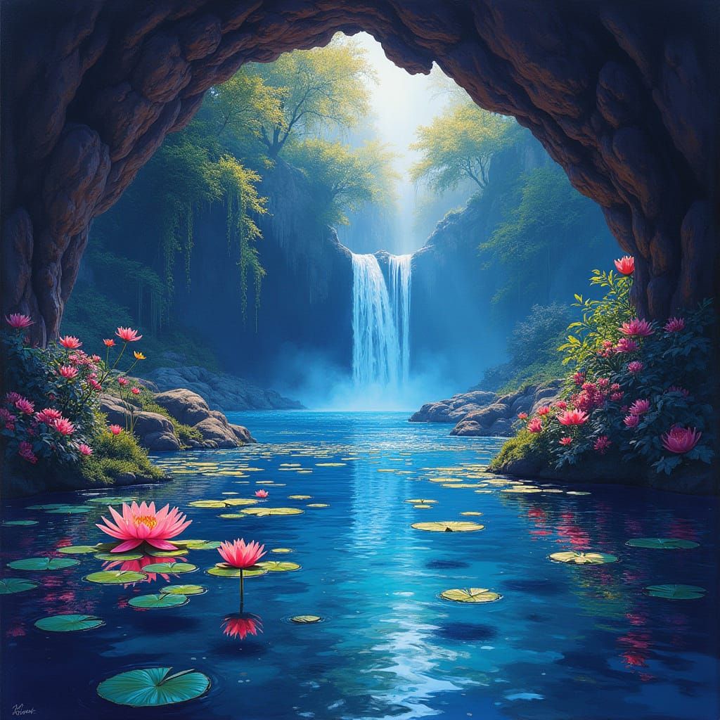 Bioluminescent Lily Pond: Maximalist Gouache Impression