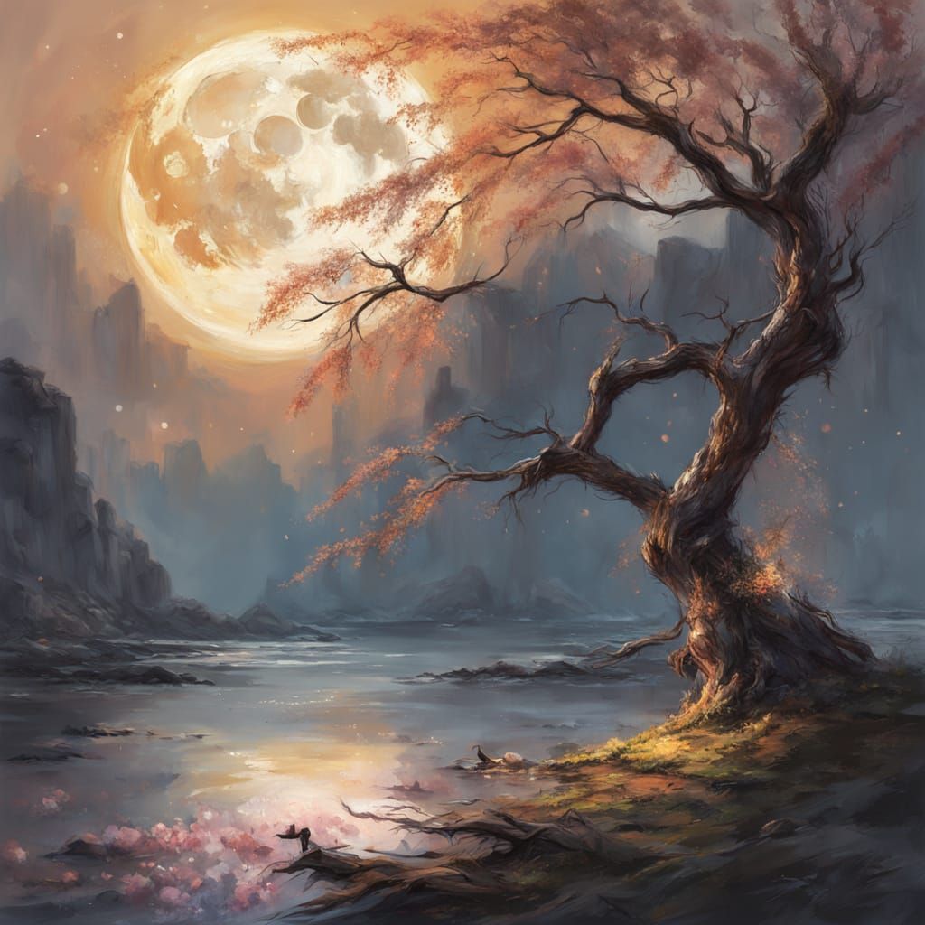 Glowing Moon Over Spring: Impressionist Gouache