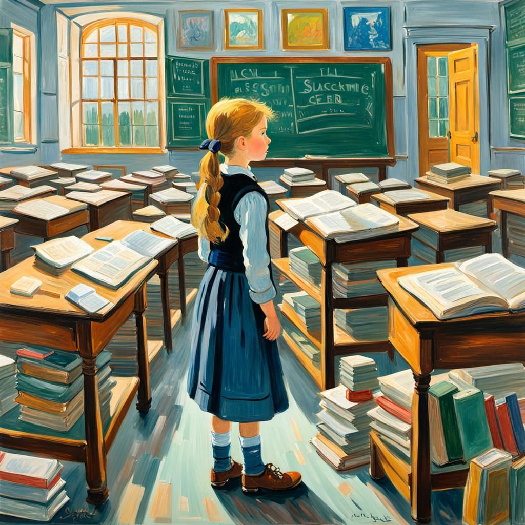 Impressionist Gouache Painting of Girl in Classroom