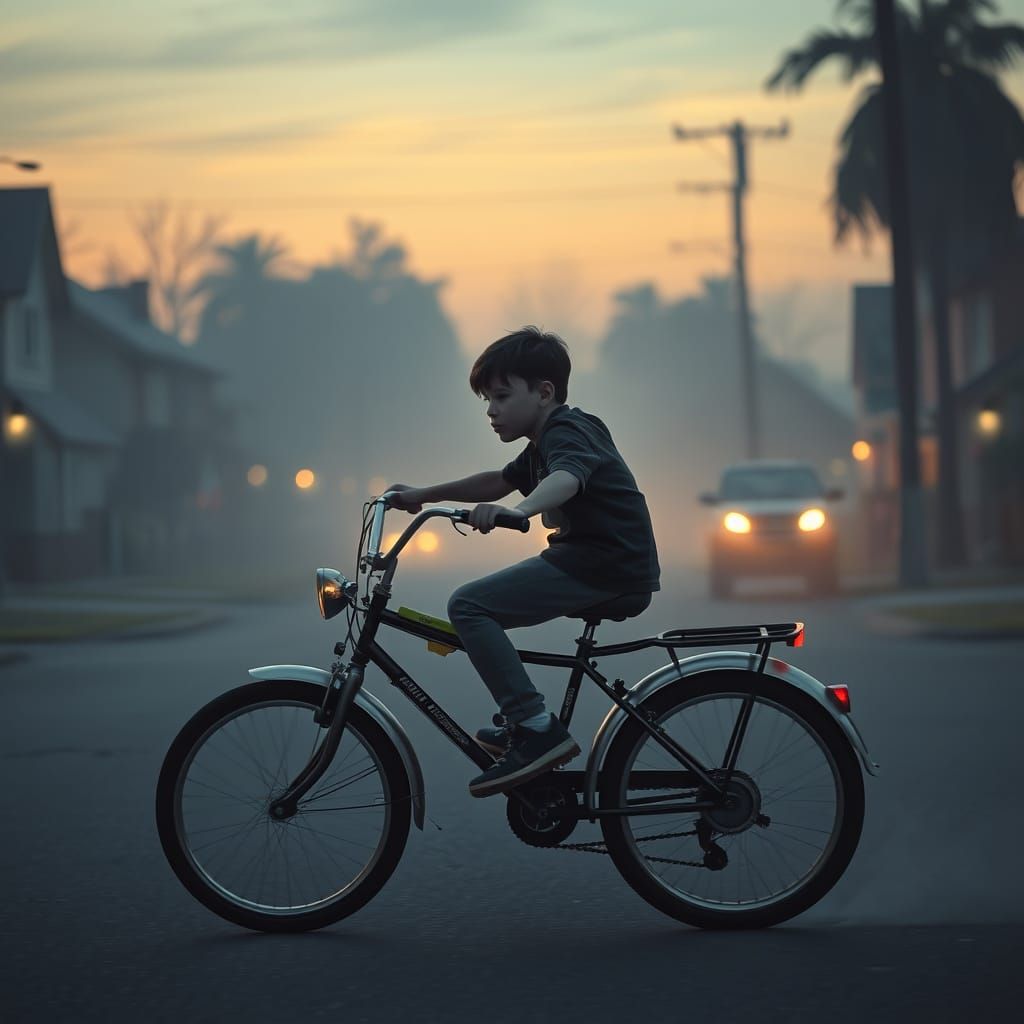Boy on Bike in Misty Street, Synthwave Art