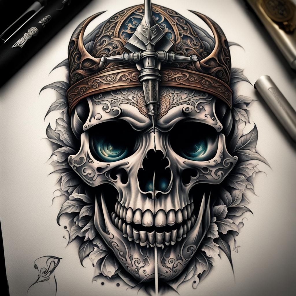 Hyperrealistic Dagger Through Skull Tattoo Design