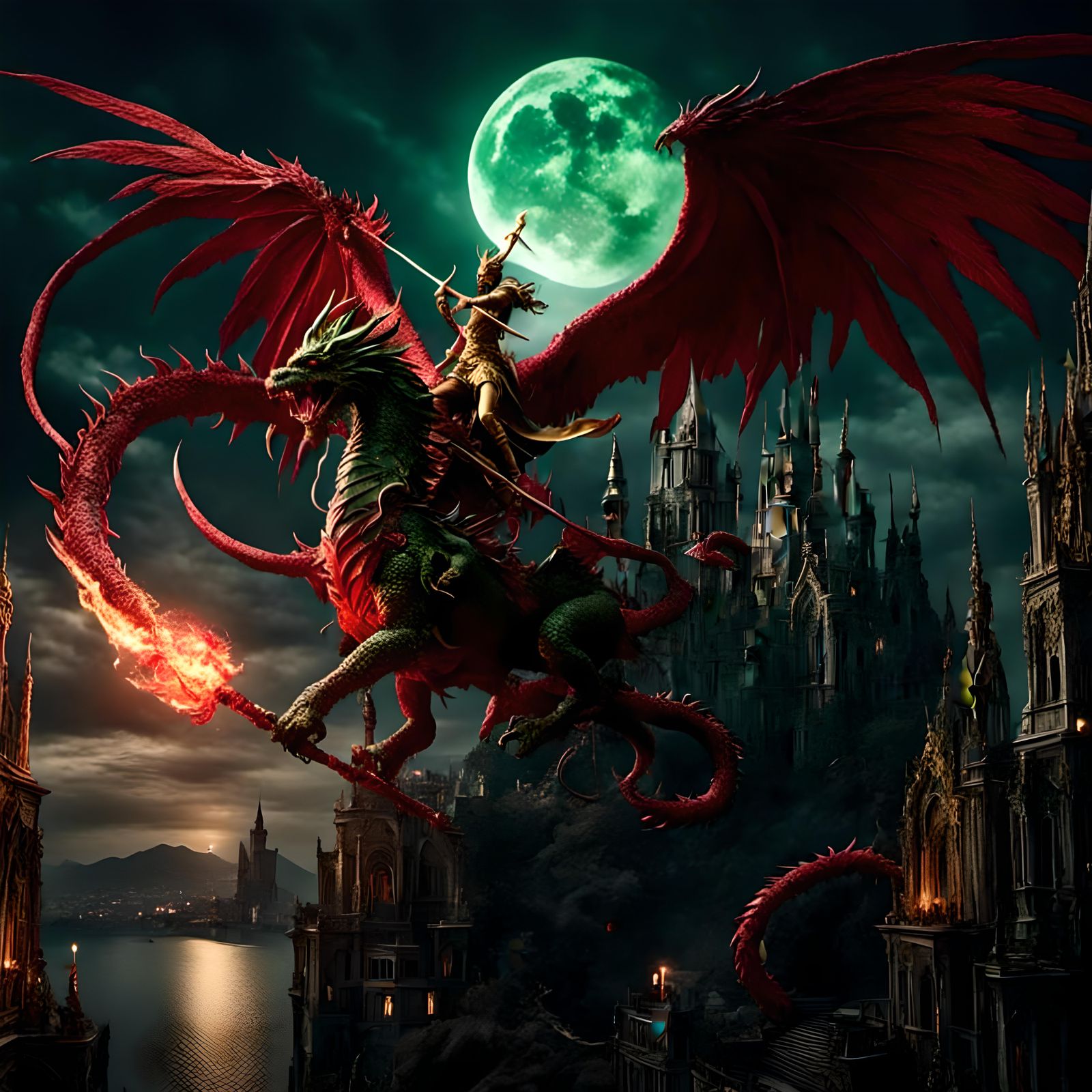 Gold Angel and Green Dragon Battle Under Moon