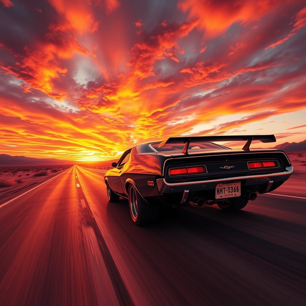 A muscle car racing down a desert highway as the sun sets in...