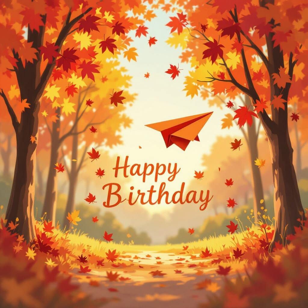 Happy Birthday Autumn Scene with Orange Paper Airplane