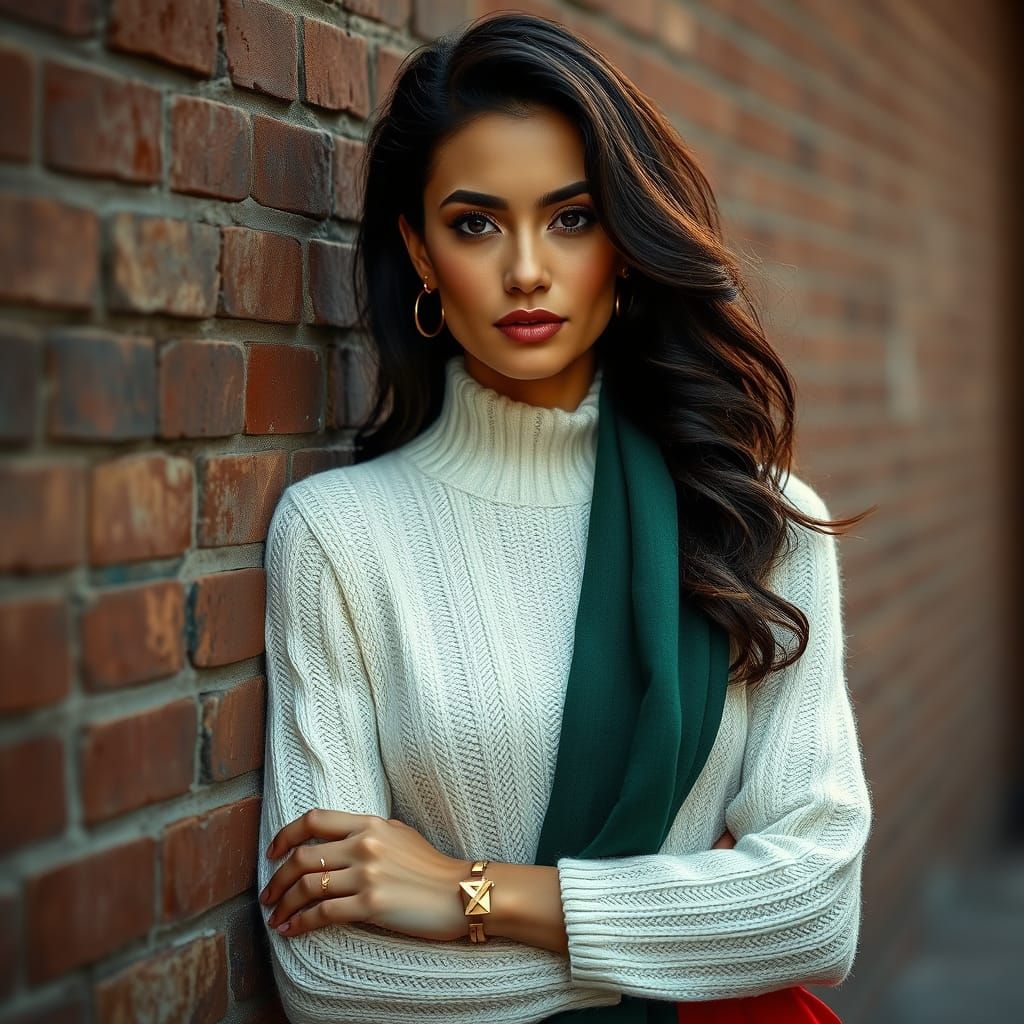 Elegant Woman Leans Against Chic Brick Wall
