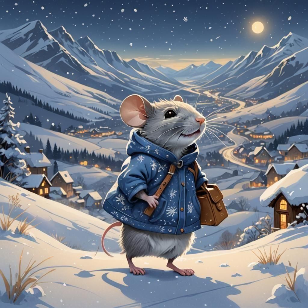 Mouse in Snowy Valley: Cartoon Style Matte Painting