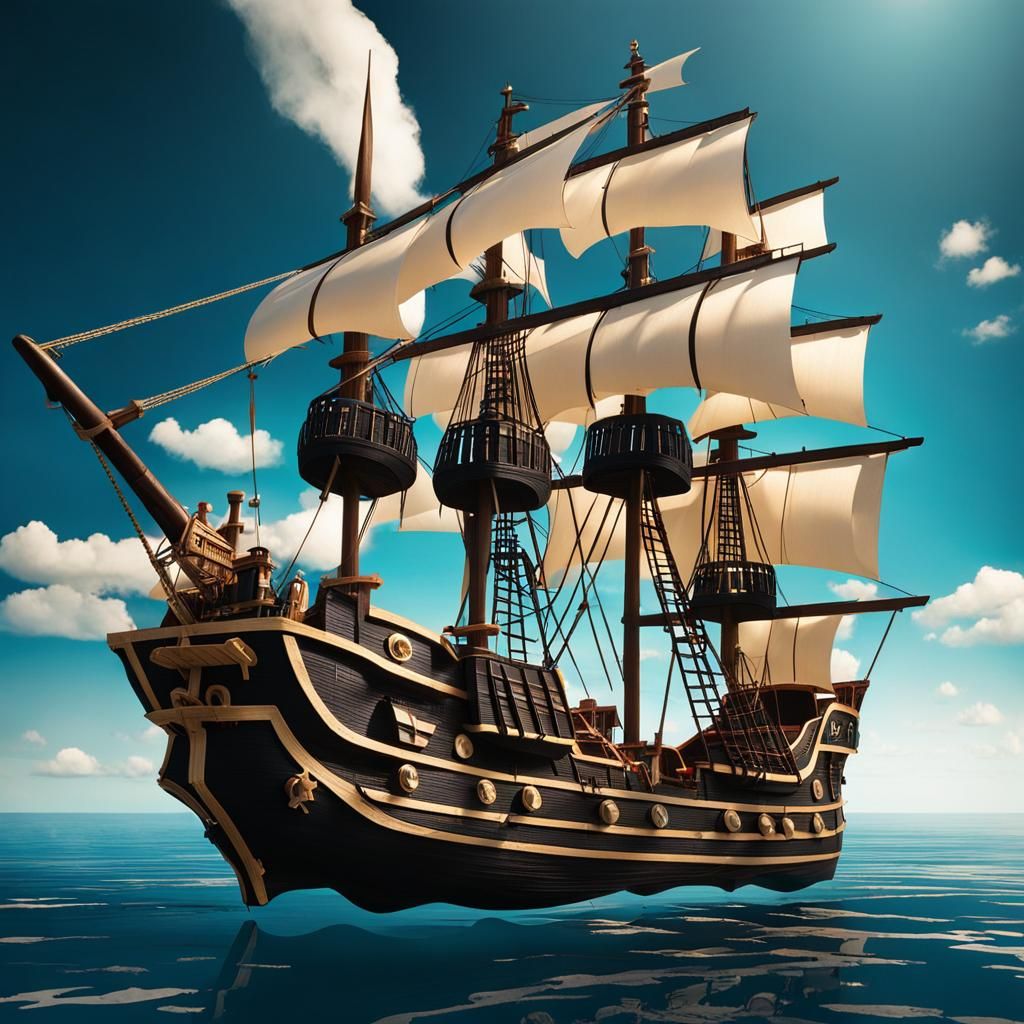 Pirate Ship Side View on Black Background