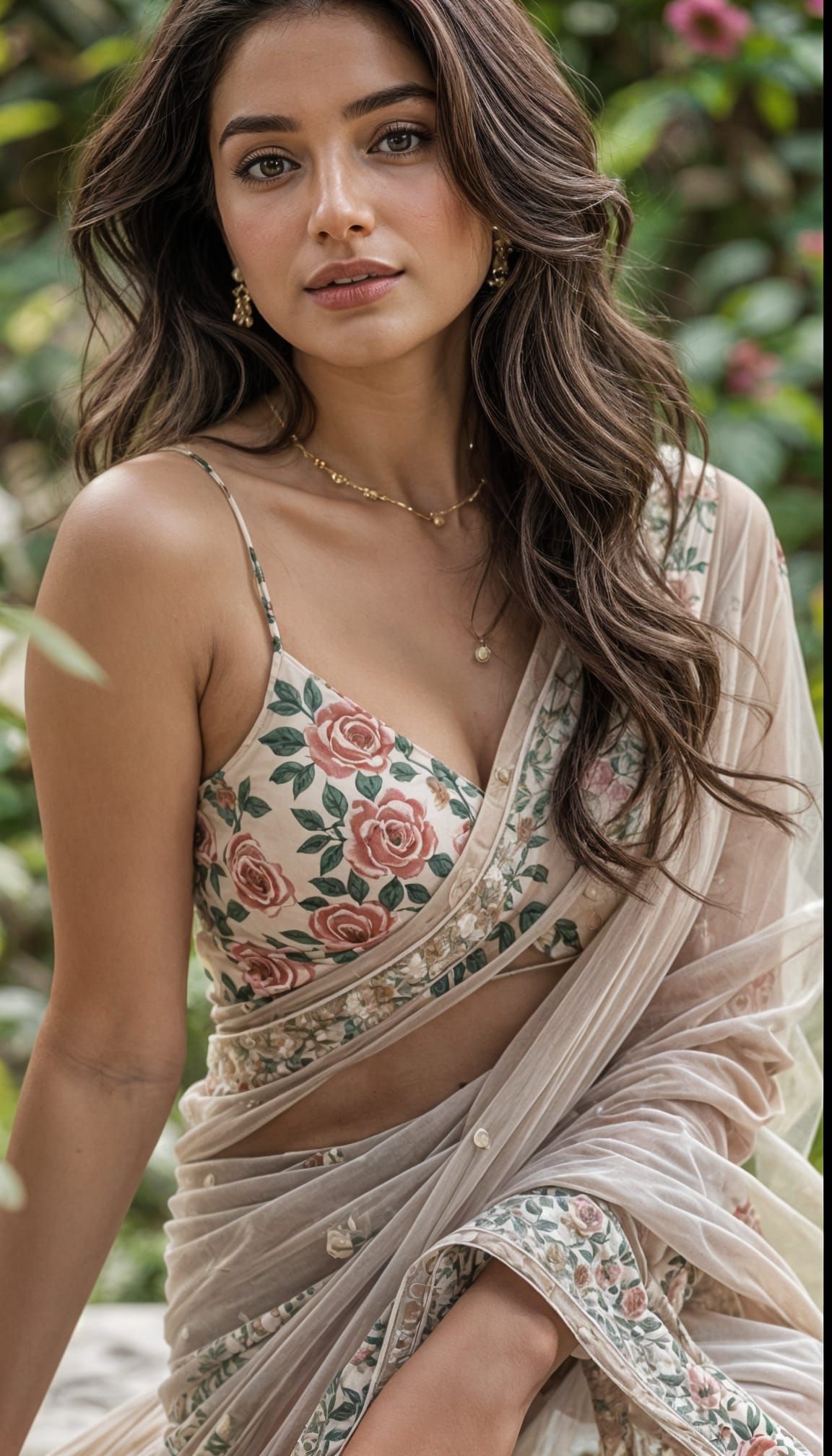 Elegant Woman in Sheer Beige Saree in Garden