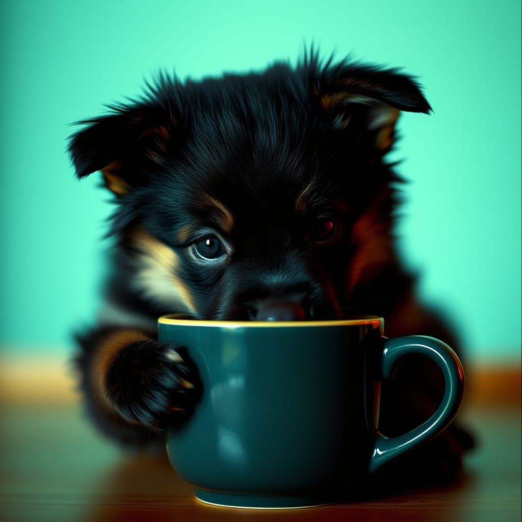 Cinematic Portrait of a Puppy Sipping from a Coffee Cup