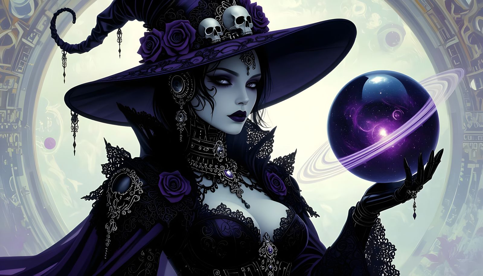 Dark Cosmic Android in Gothic Sci-Fi Baroque Attire