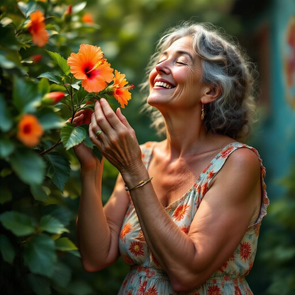 Woman Smelling Flower in Hyperrealistic Mixed-Media Style