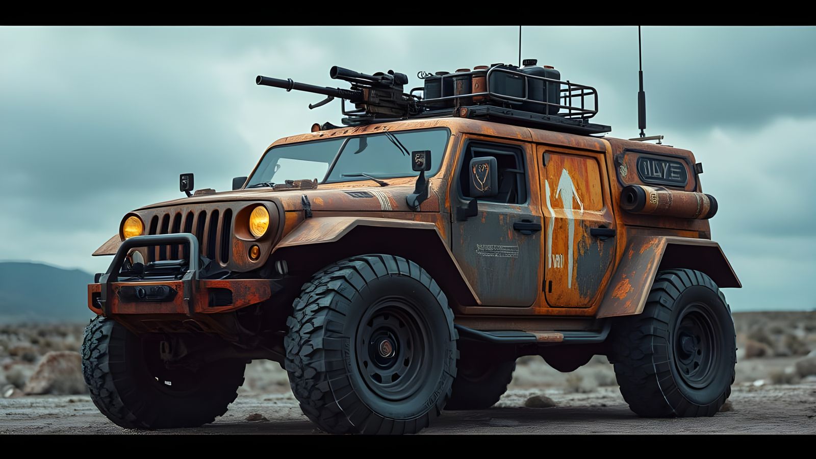 Futuristic All-Terrain Vehicle in Post-Apocalyptic Landscape