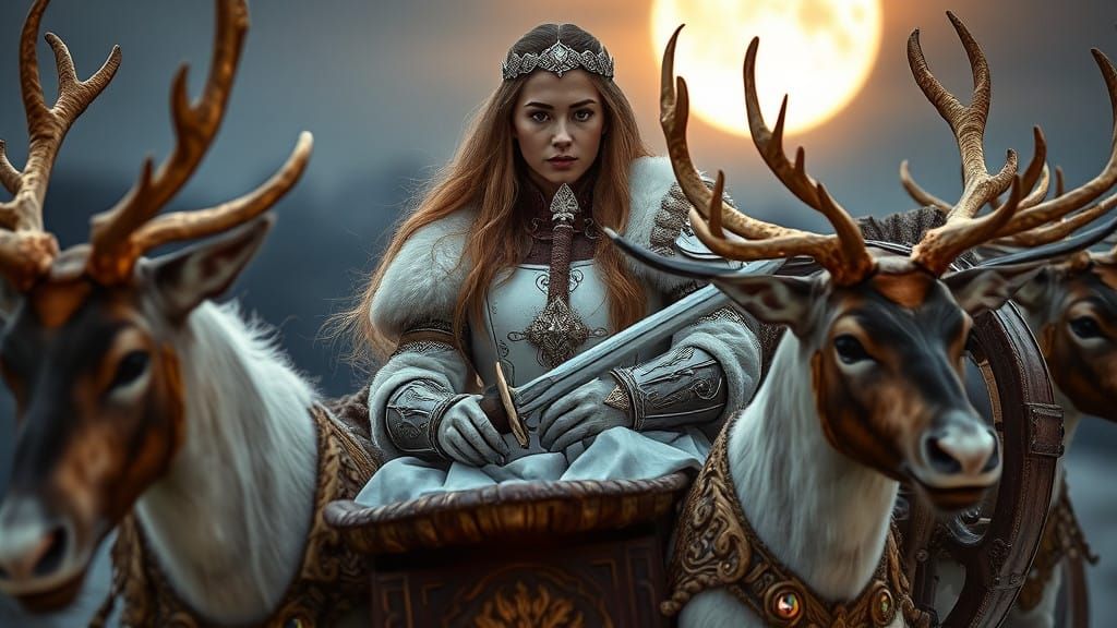 Medieval Warrior Queen in Luxurious Wooden Sled