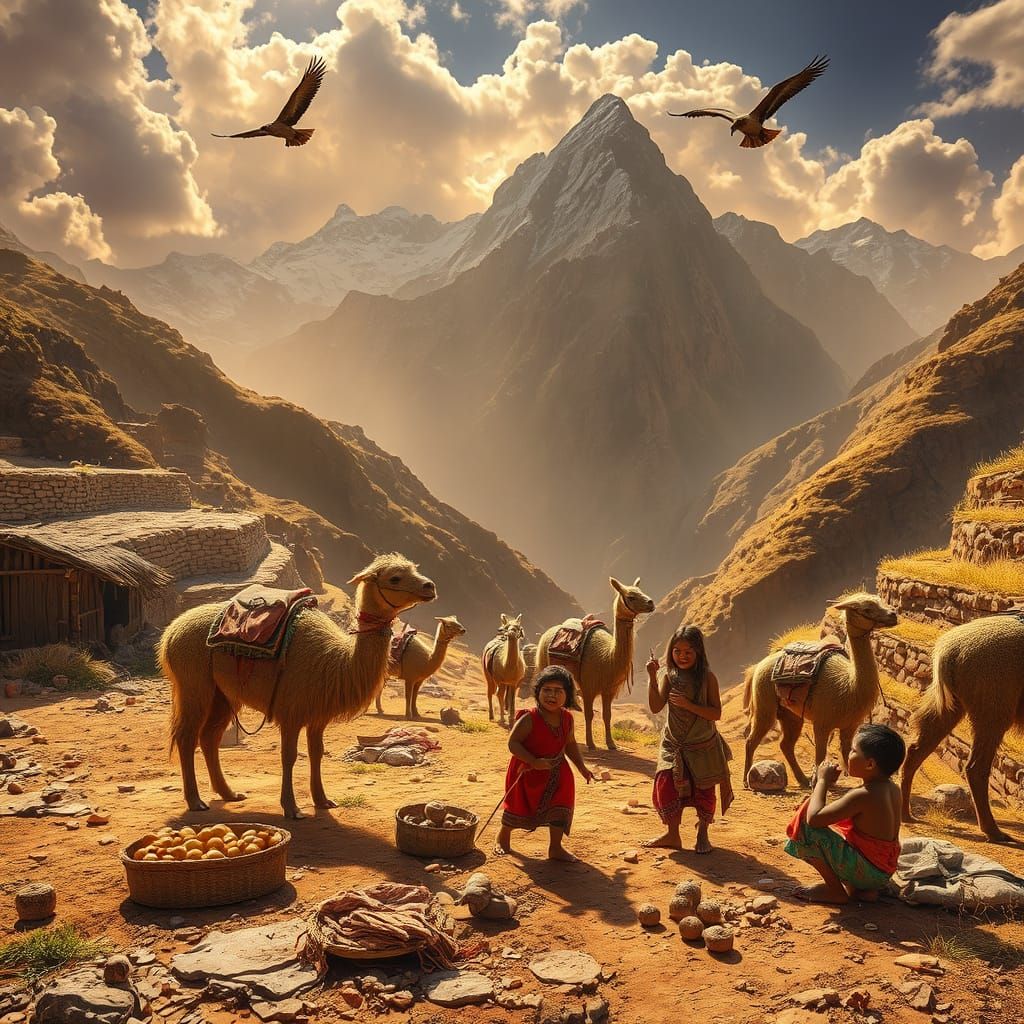 Inca Villagers Trading in Sun-Drenched Andean Terraces