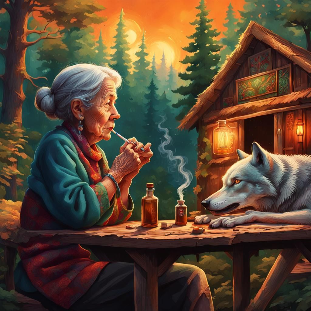 Old Woman and Wolf in Hyperrealistic Splash Art