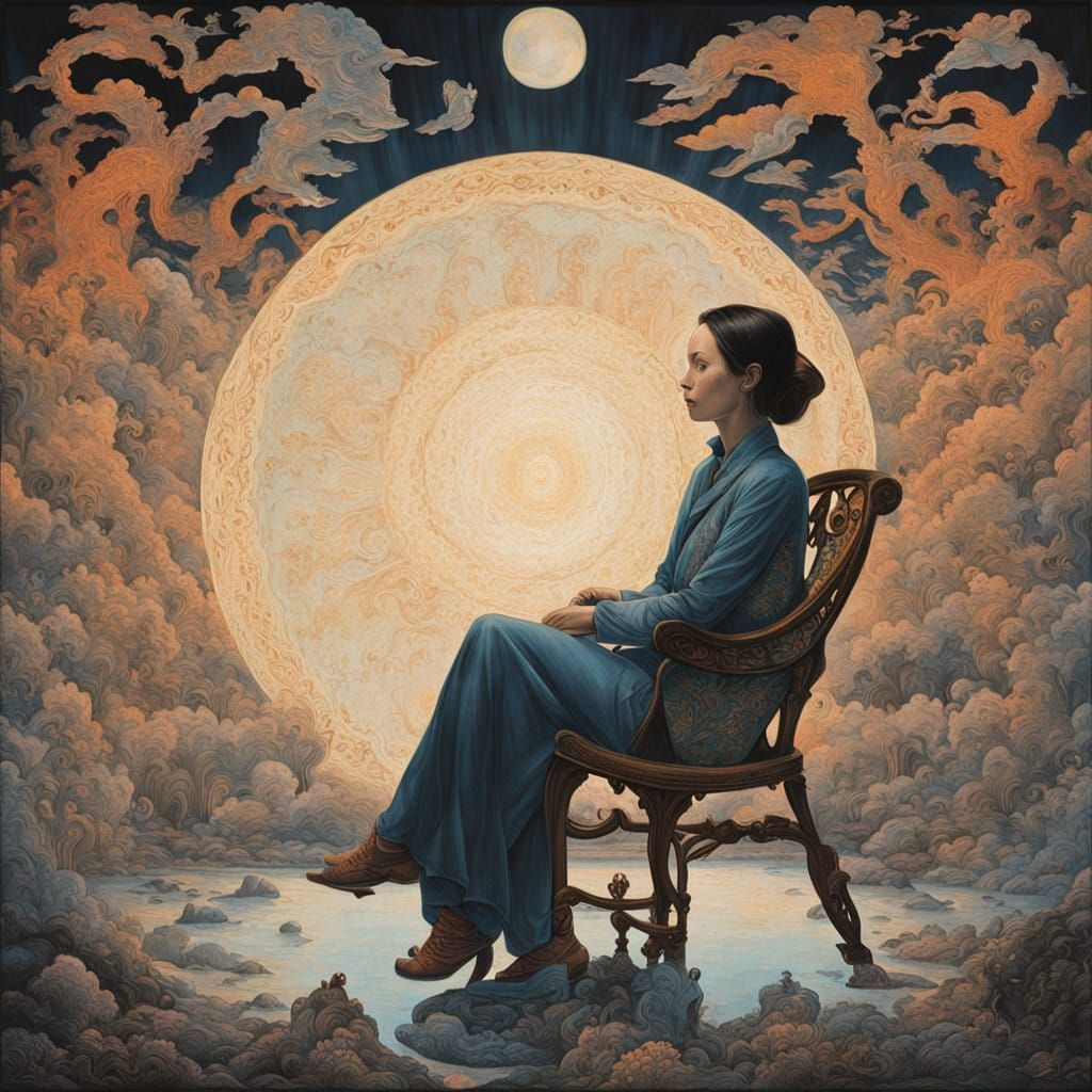 Dreamlike Woman in Celestial Chair on Zebra-Striped Planet