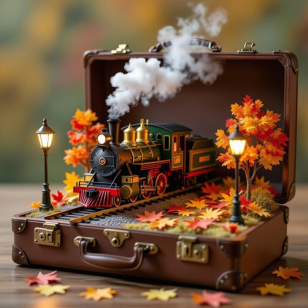 Fall Train Station Diorama Inside Vintage Suitcase