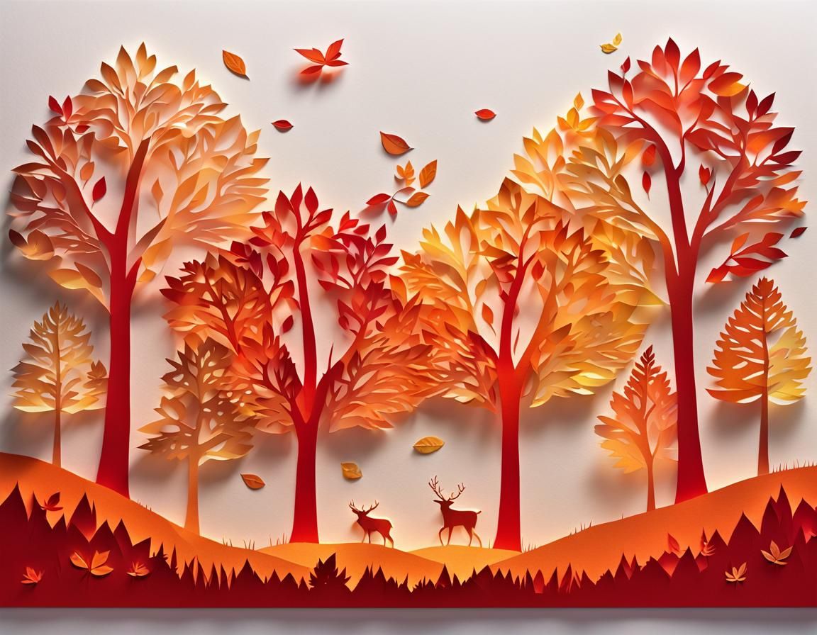 Autumn Trees in Paper Cut Art Style