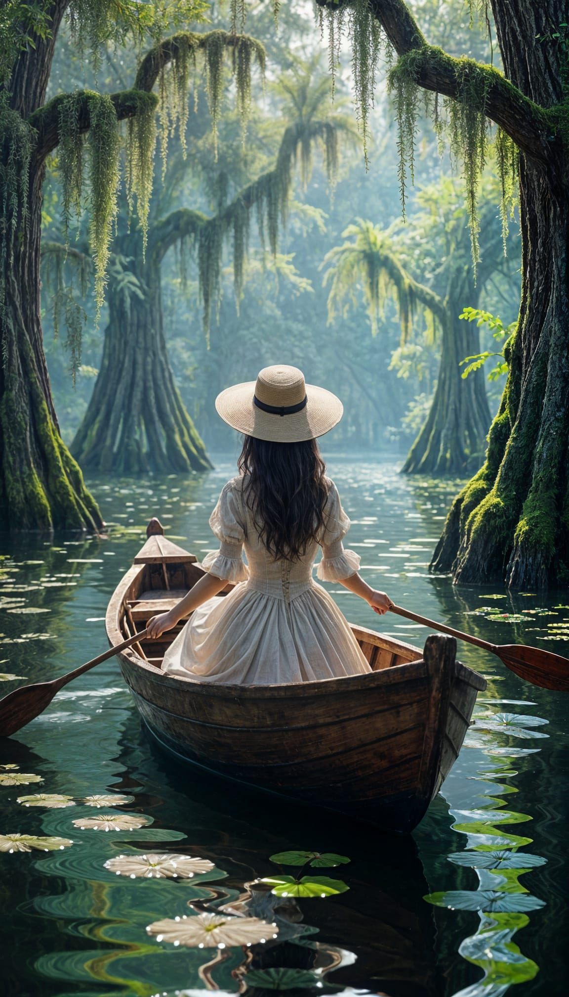 Iris Flower as Woman in Boat: Photorealistic Masterpiece