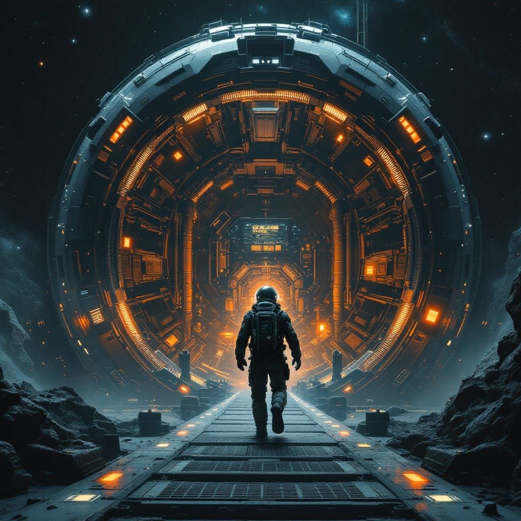 Space Traveler Boards Freight Vessel in Cinematic Style