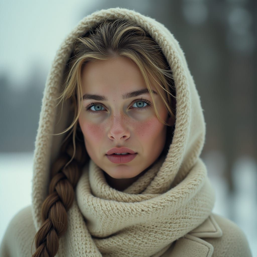 Resolute Woman in Cream Coat: Hyper-Realistic Concept Art