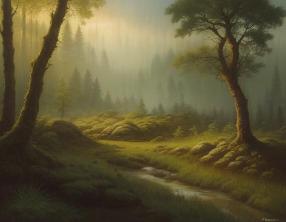 Prehistoric Forest Landscape Art in Oil on Canvas