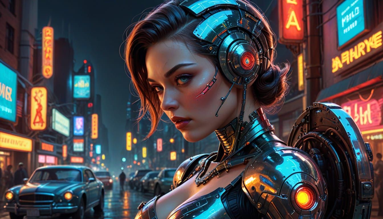 Android Pinup in Cyberpunk Style