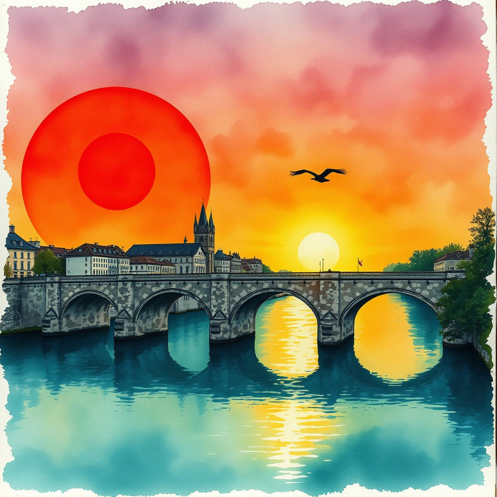 Regensburg Stone Bridge Sunset: Watercolor and Oil Painting