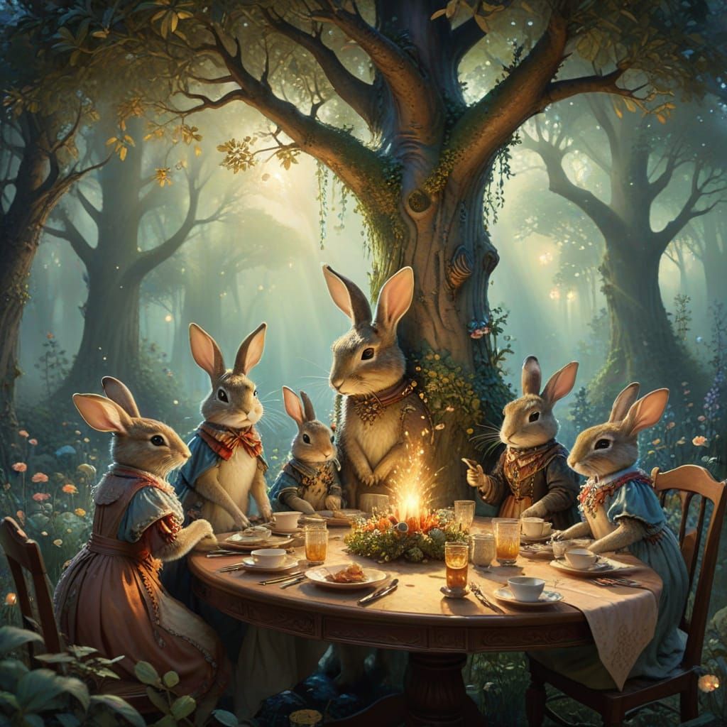 Victorian Rabbits Gather in Forest, Watercolor Illustration