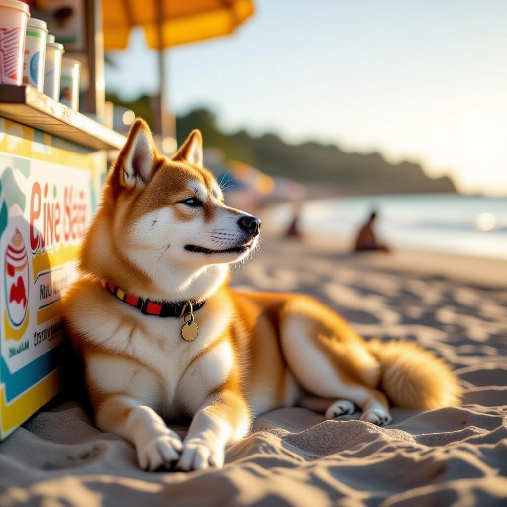 Happy Shiba Inu on Beach Near Ice Cream Stall