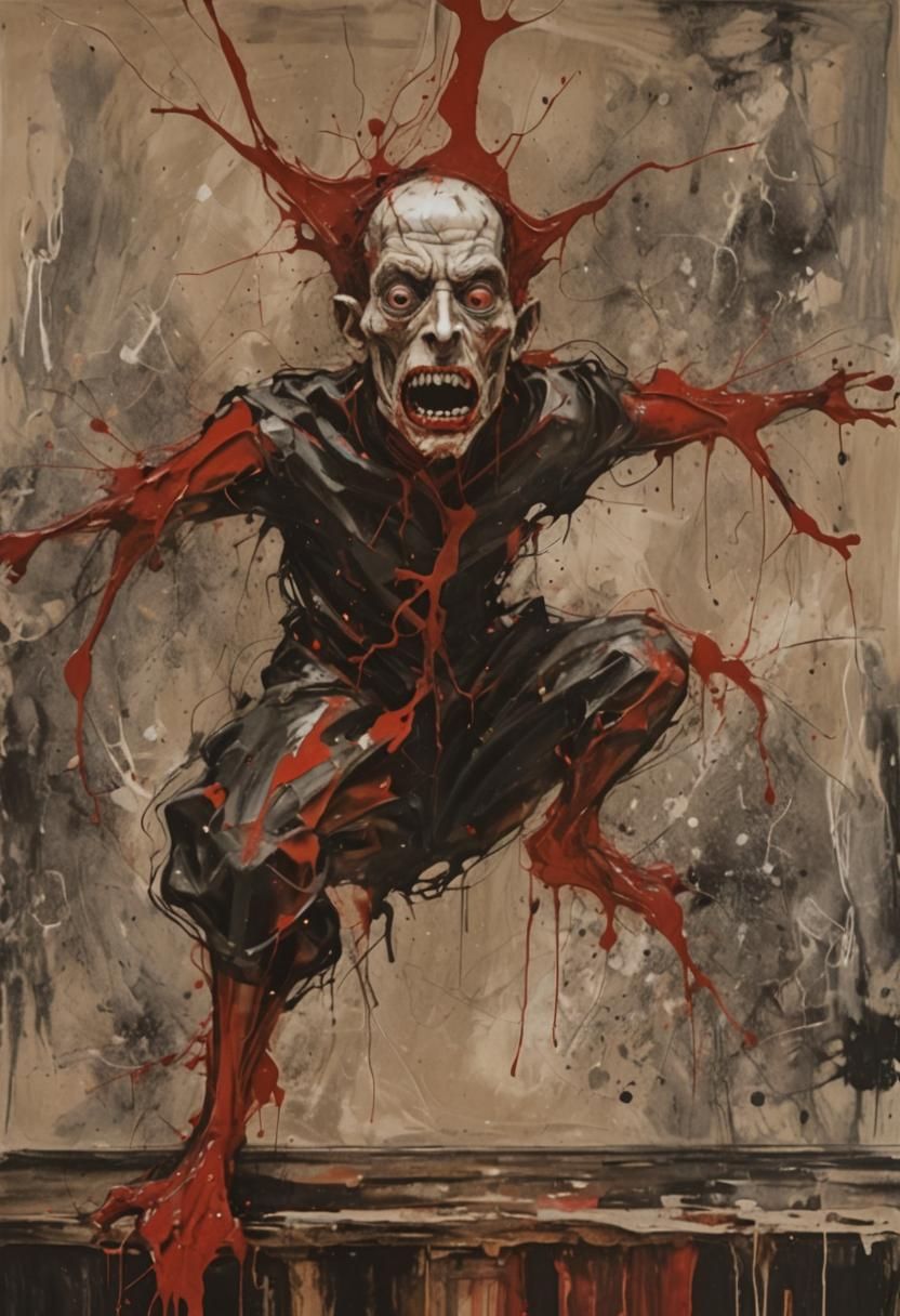 Abstract Expressionism. Close up portrait. Grotesque face with bulging eyes and twisted mouth in a dark, muted backgroun...