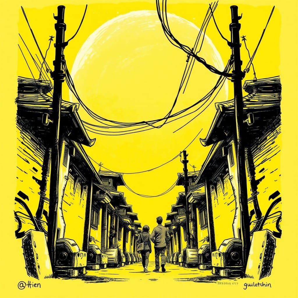 Monochrome Yellow Illustration in Ink Wash Style