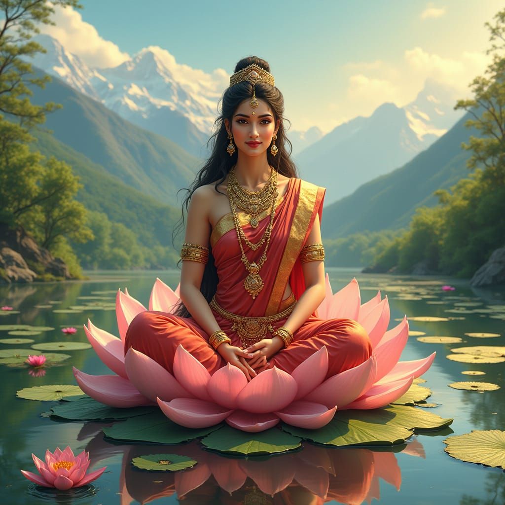 Goddess Lakshmi on Lotus Flower in Digital Painting Style