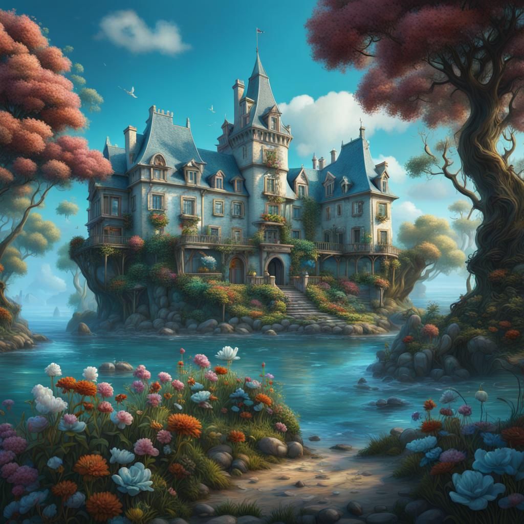 White Manor on Turquoise Sea, Detailed Matte Painting