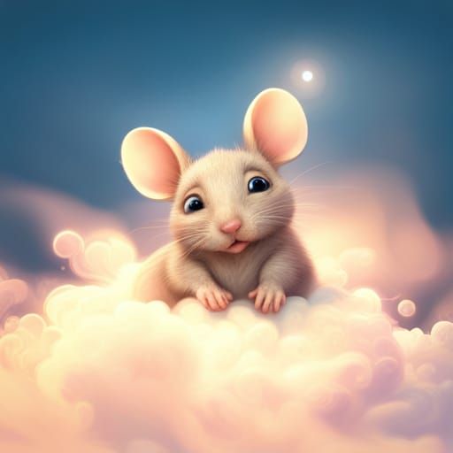 Cute Furry Mice on Flying Cloud in 3D Render