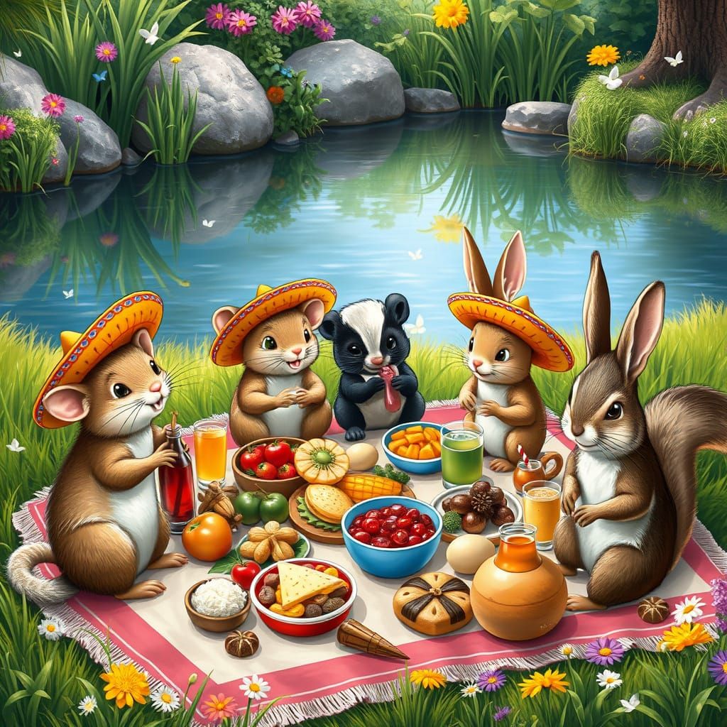 Animal Friends Picnic in Airbrush Art Style