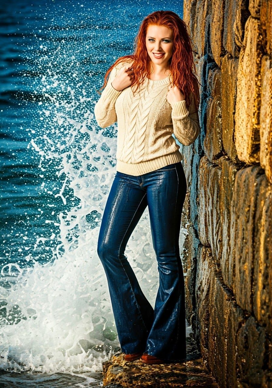 Woman Leans Against Sea Wall, Smiling as Waves Crash