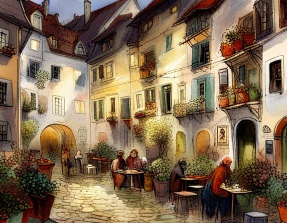 Enchanting German Old Town Courtyard at Night, in a Whimsica...