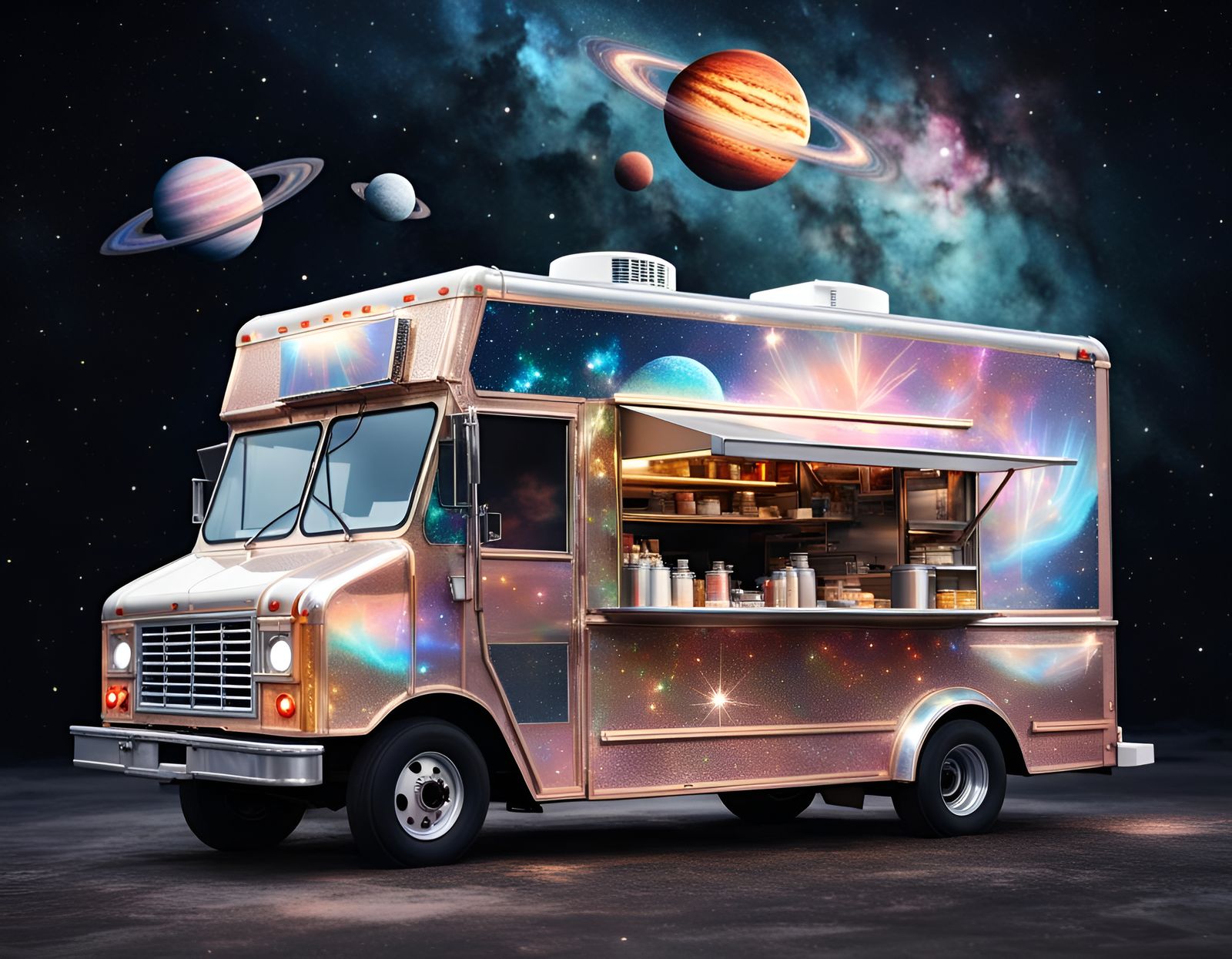 Outer Space Food Truck in Holographic Art Style