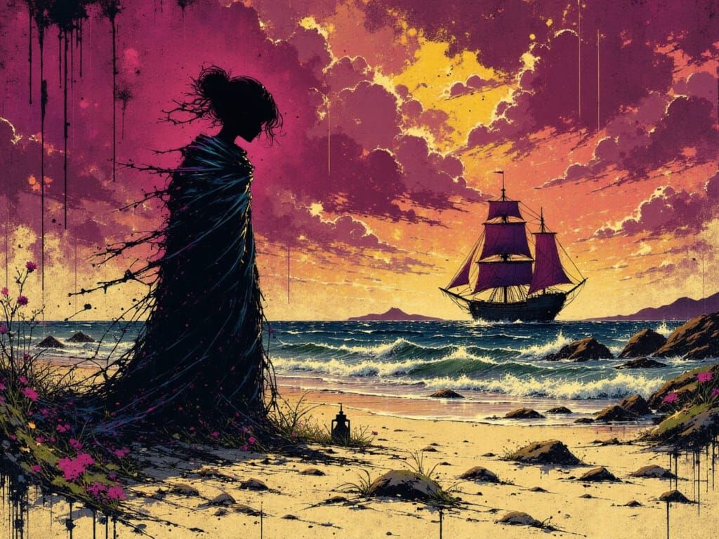 Stormy Dusk Seascape with Crimson Sails in Noir Style