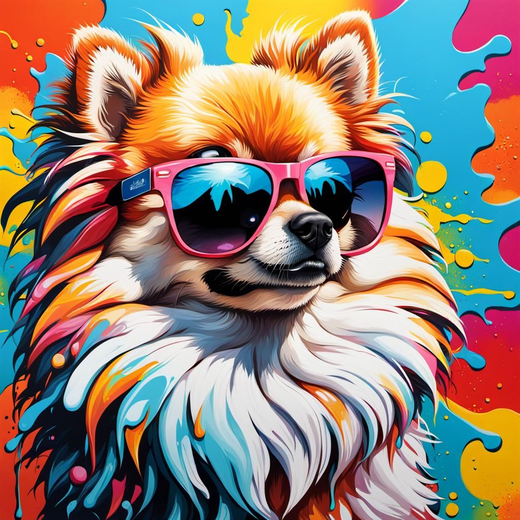 Pomeranian with Sunglasses in Graffiti Splash Art