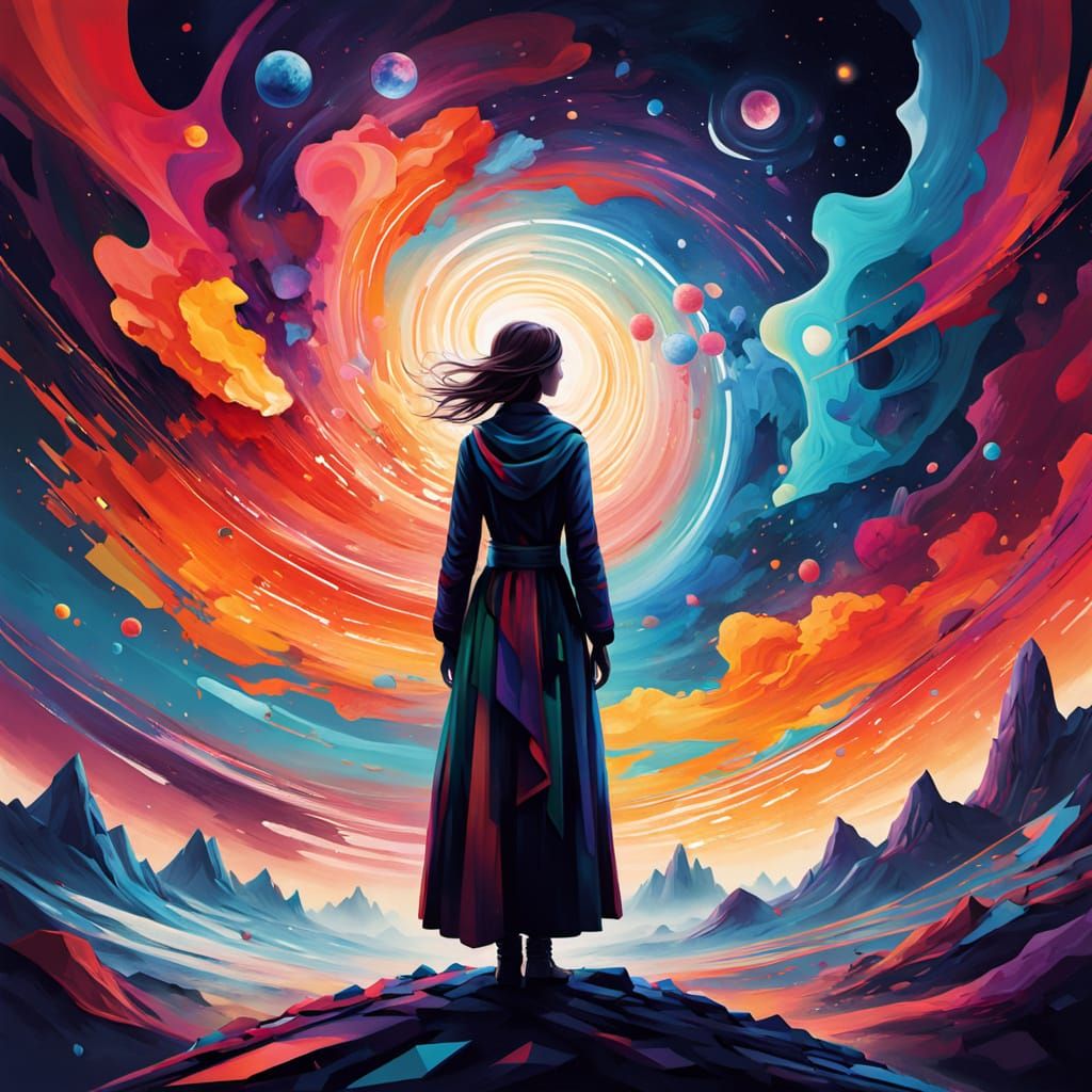 Woman Gazes at Geometric Nebula on Crystal Planet