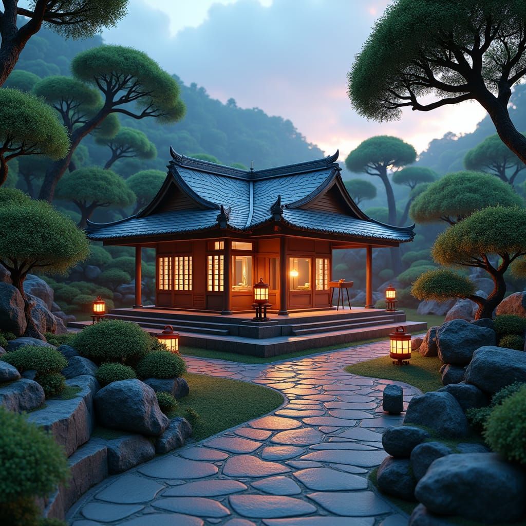 Zen Tea House and Bonsai Garden in Matte Painting Style