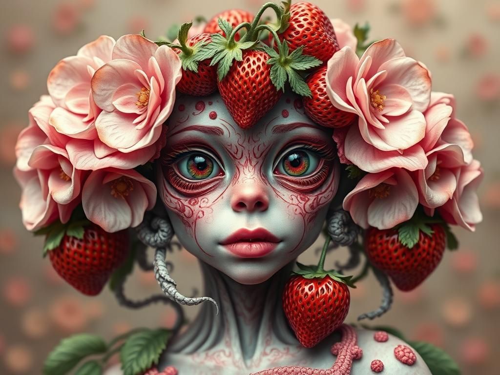 Grotesque Hyperreal Strawberry Monster Girl Portrait