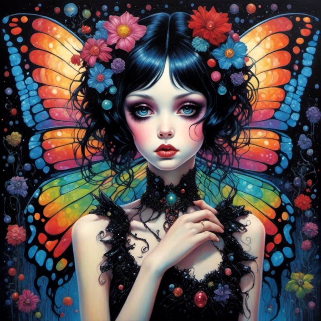 Goth Anime Fairy Burlesque with Rainbow Butterflies